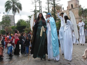 The nativity characters on stilts, no less