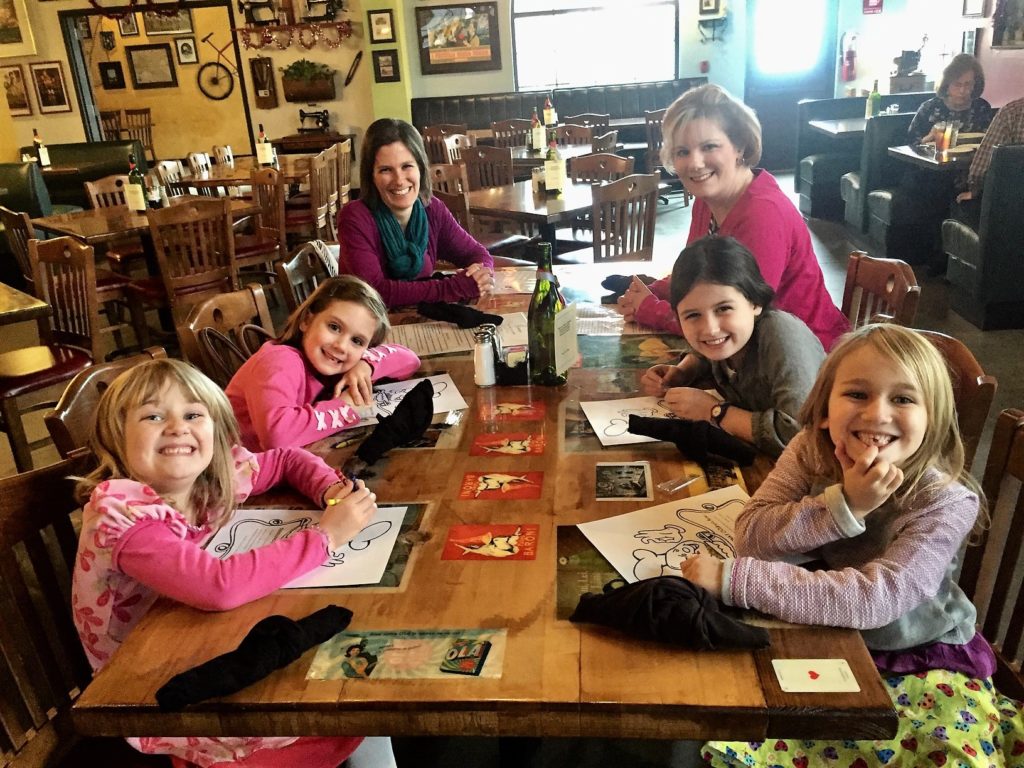 Two daughters and 4 (out of 7) granddaughters having a fun lunch. 